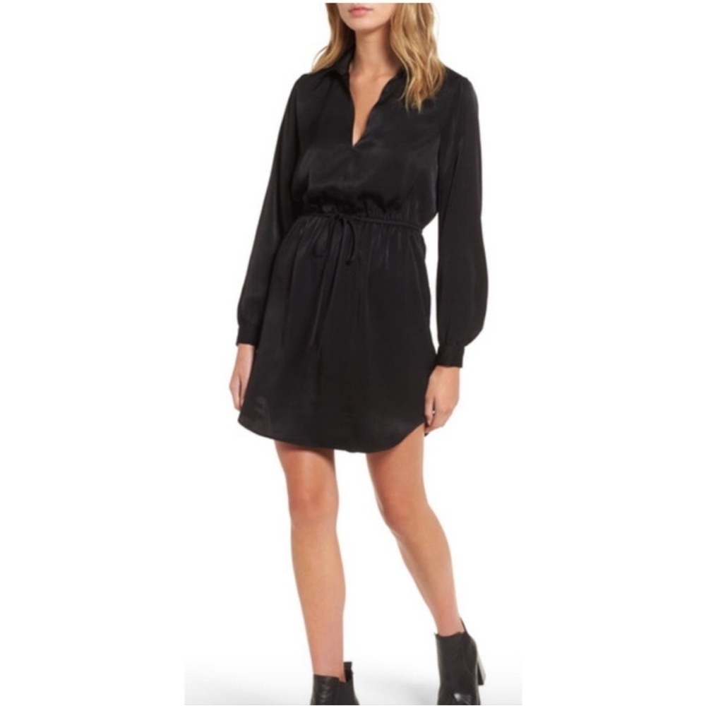 Lush Payton Cinched Waist Black Bishop Sleeve Plunge Dress